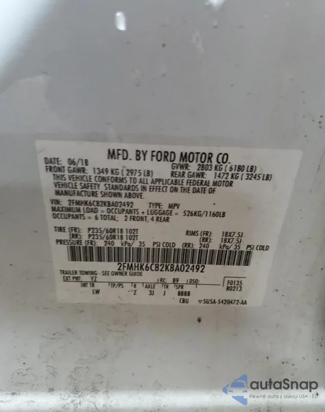 2019 Ford Flex Sel из США, поврежденный, VIN 2FMHK6C82KBA02492